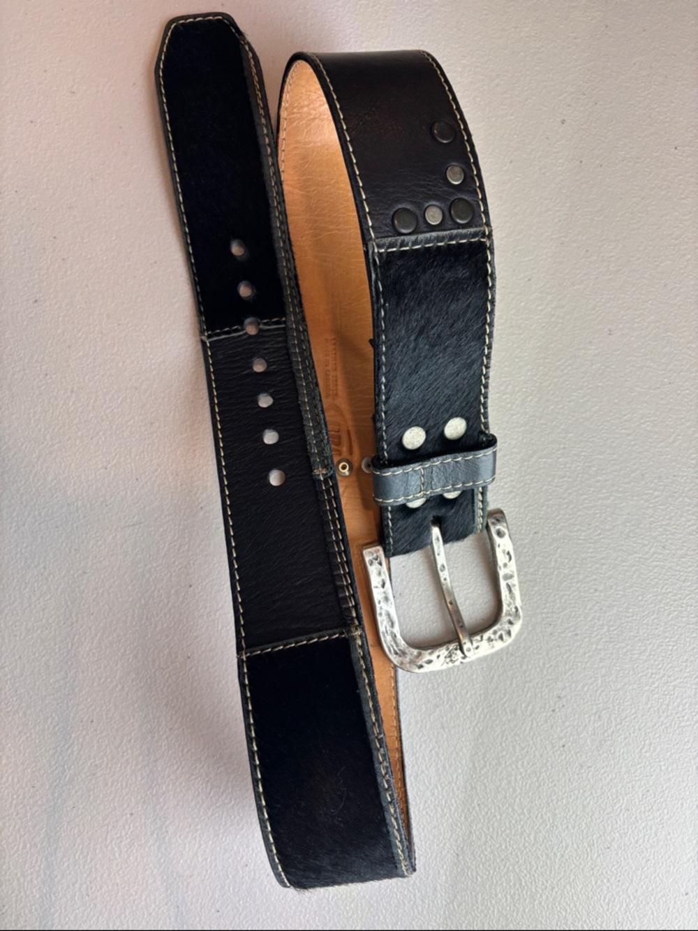 Brave Beltworks Black Leather & Cowhide Belt, Hammered Metal Buckle | 31.5–36”
